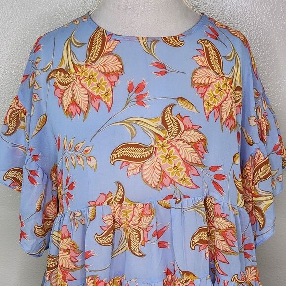 F21 Honstee Blue Floral Tiered Ruffle Flutter Sleeve Babydoll Blouse Size Large - Picture 2 of 12